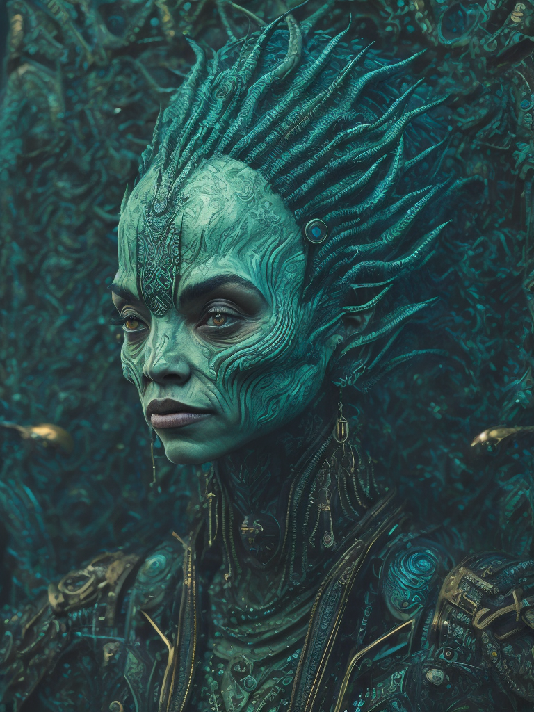 Portrait of an alien, batik, intricate details, surreal, Alien, Cyberpunk Trashcore Style, green and ice blue, s 1000