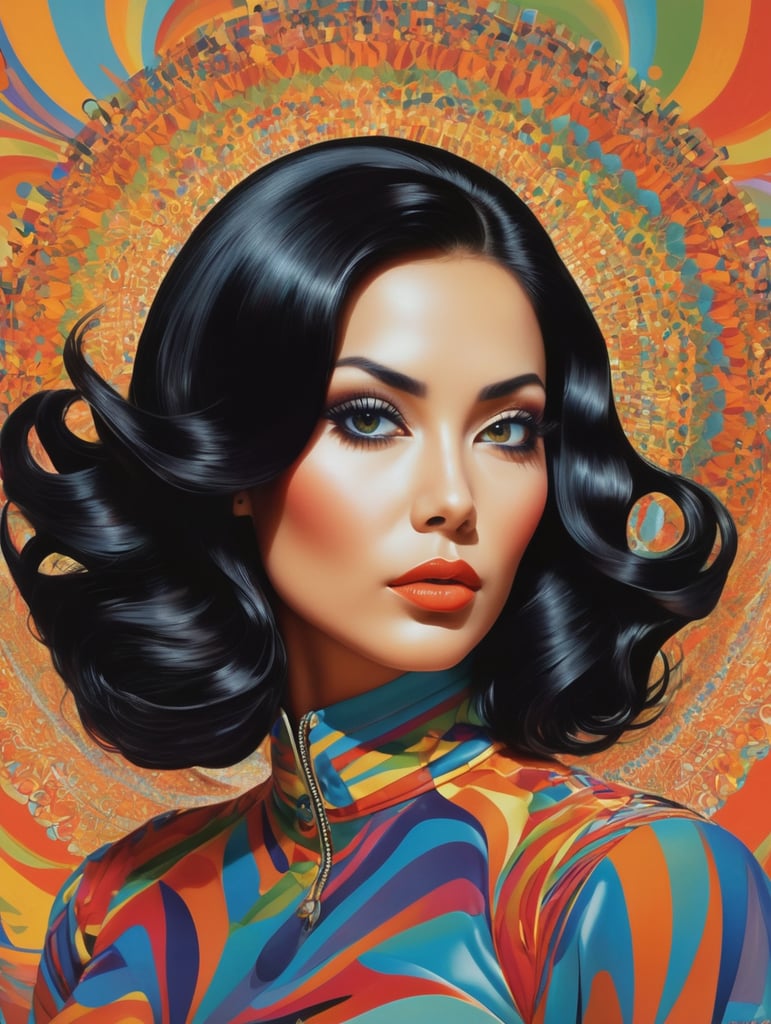 environment map, abstract 1998 air hostess poster, portrait of thick shiny black wavy hair, dramatic makeup , intricate stunning highly detailed, abstract, kaleidoscopic, trippy, 60s style, op art, bright colors, swirling patterns, hypnotic, art by Victor Moscoso and Bridget Riley by sachin teng x supreme