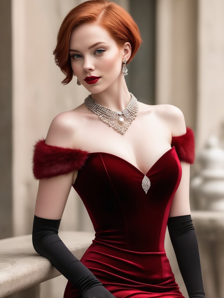 Young attractive red head. Short hair and very pale skin. Full body shot. Slightly curvy. Wearing a slinky red velvet dress with bare shoulders, short cut, short sleaves, black long gloves, fur lining and white pearl necklace and gold earrings