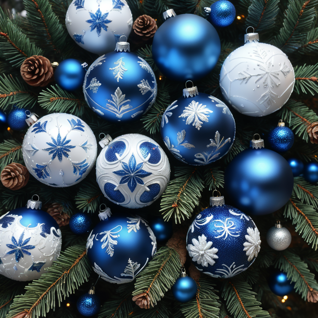 blue and white Christmas balls of different sizes, very close together, on pine branches, top view
