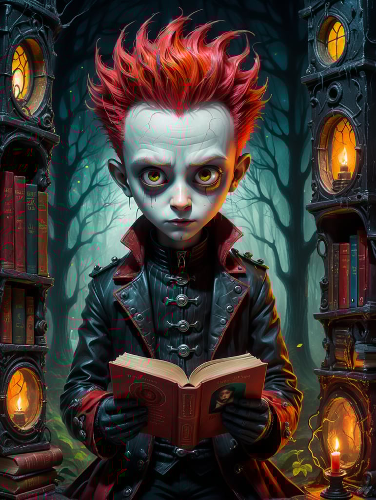 Reading a book by Andy Kehoe and Tim Burton. Big sad eyes, a tangled red-head wearing gothic-punk clothes. Vibrant modern fairytale scene of spiraling esthetic beauty, abstract art, complementary colors, fine details. sharp, focused, vibrant, colorful, clear image