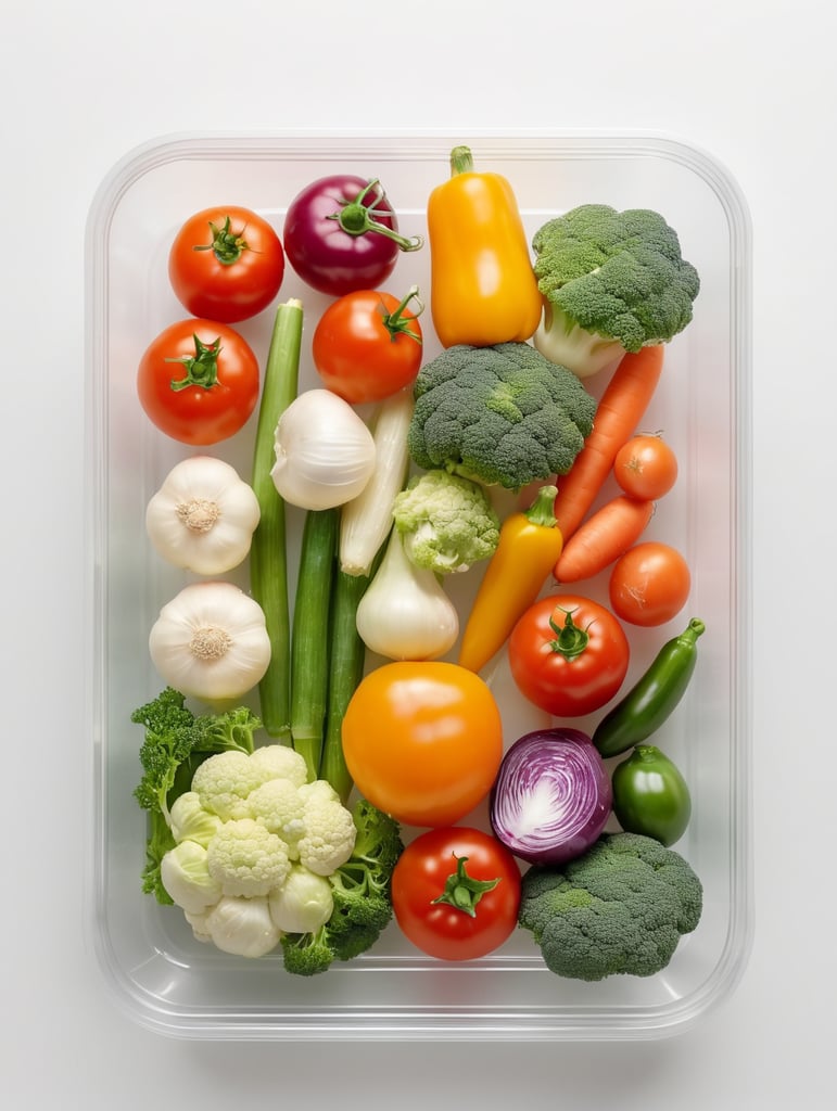 vegetables in a transparent plastic tray, top view, isolated, mockup