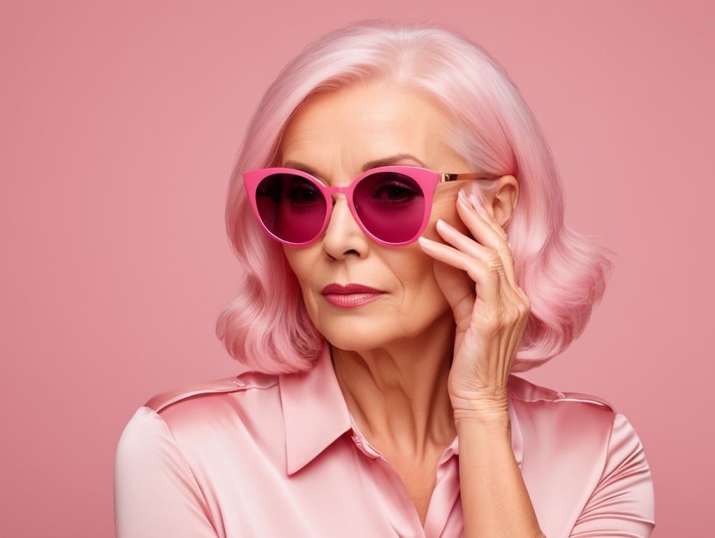 Blonde middle aged woman ponders on something keeps hand near face, pink hair, pink blouse, pink sunglasses, minimalistic style, fashion, mature women, pretty old women, isolated, pink background