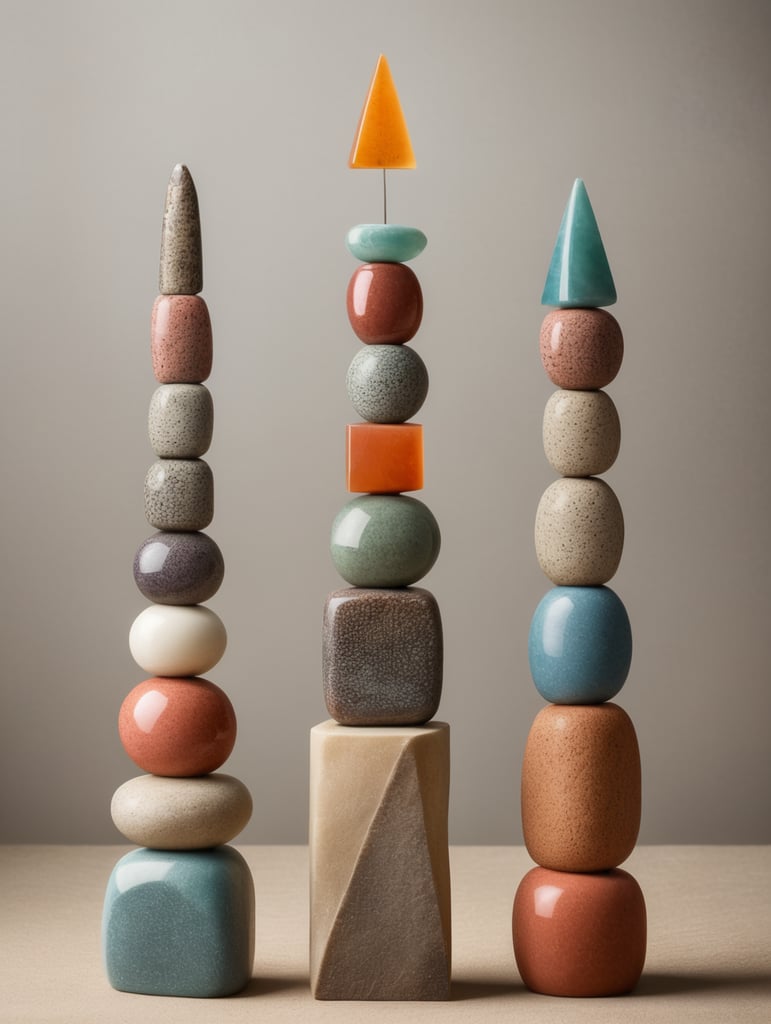 Tótem de cerámica de 5 figuras geométricas de materiales rocosos y en medio del Tótem una piedr de color vibrante en material semitraslucido. Mucho margen