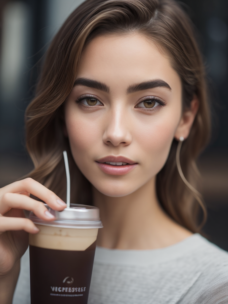 Girl drinking iced coffee, with undereye cream on her right side of her face, close-up editorial style