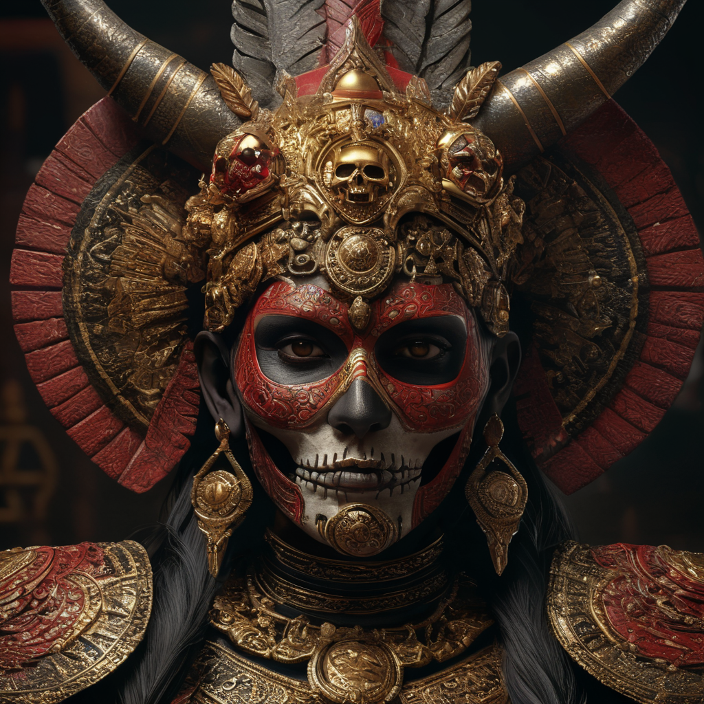 Itzpapalotl, aztec deity, woman with a skull face, black, red and gold armor