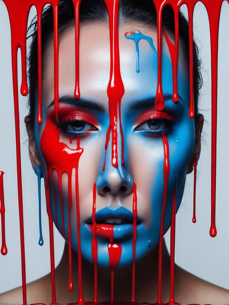 a painting of a woman with red forks sticking out of his face, dripping in neon paint, surreal blues and red, by Antoni Pitxot, neon paint drip, neon, dripping paint, face melting, melting and dripping. eerie, inspired by Nick Gentry, inspired by Roberto Parada, (((red))), blue, inspired by Antoni Pitxot