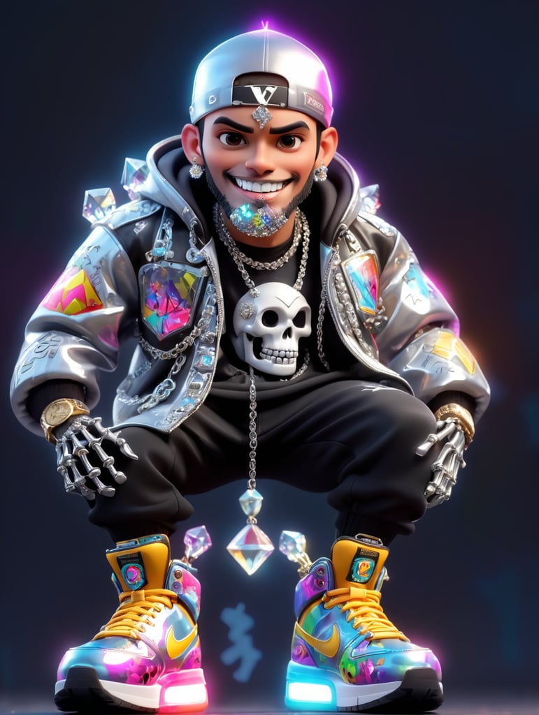 3d model unreal engine render of a full body portrait shot of VVS Diamond Covered with Diamond Cluster Gamer Skeleton character as a shiny metal roman sculpture playing video games covered in bright graffiti, wearing high fashion Clothing and Nike Air Max 1 '86 OG "Doernbecher" Shoes, big diamond chain, big diamond teeth, urban street wear. reflective perfect black studio Lighting with bright rim light high contrast ultra sharp