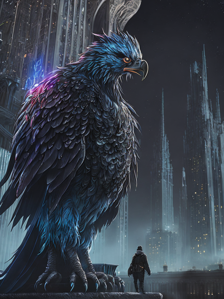 fking_scifi, award-winning photo portrait of a werecreature wereeagle, wearing neon [blue|pink|black] armor, scifi balcony with large towers in background, large head, intricate details