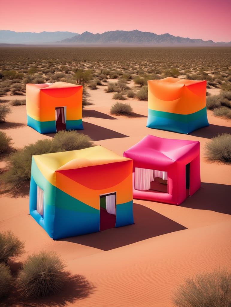 4 prismas inflables en medio del desierto inspirados en la arquitectura de Luis Barragán, con colores vibrantes y degradados.