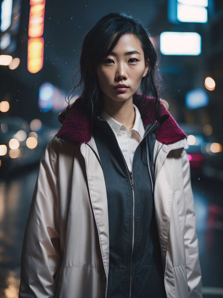 Portrait of Kaori from akira wearing transparent raincoat, rainy neo tokyo photoshoot, cyberpunk, Vivid saturated colors, Contrast light, studio photo, professional photo, Detailed image, detailed face