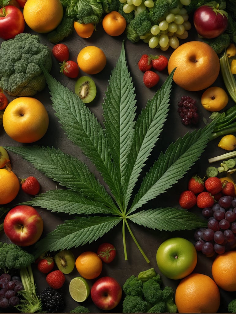 Photorealistic cannabis leaf surrounded by fruit and vegetables