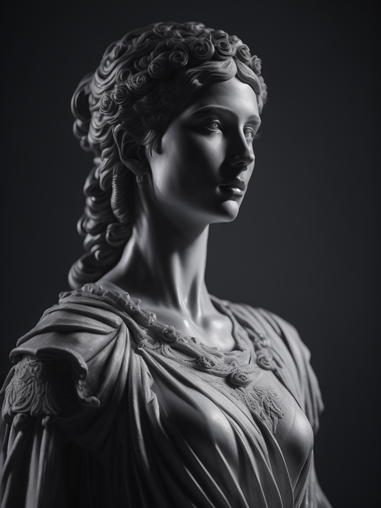 Roman statue of entire woman black and white made of marble