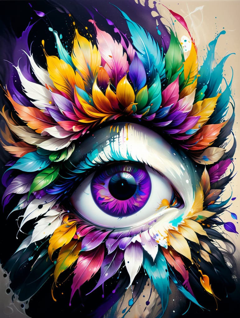 mesmerizing digital artwork features an amazing magical flower in rainbow colors with a purple feather standing in the middle, all on a black background. The artwork is a beautiful and surreal depiction of nature's magic. The rainbow flower is vibrant and eye-catching, with petals of every color of the rainbow. The purple feather in the middle of the flower is elegant and graceful, and it adds a touch of mystery to the artworK