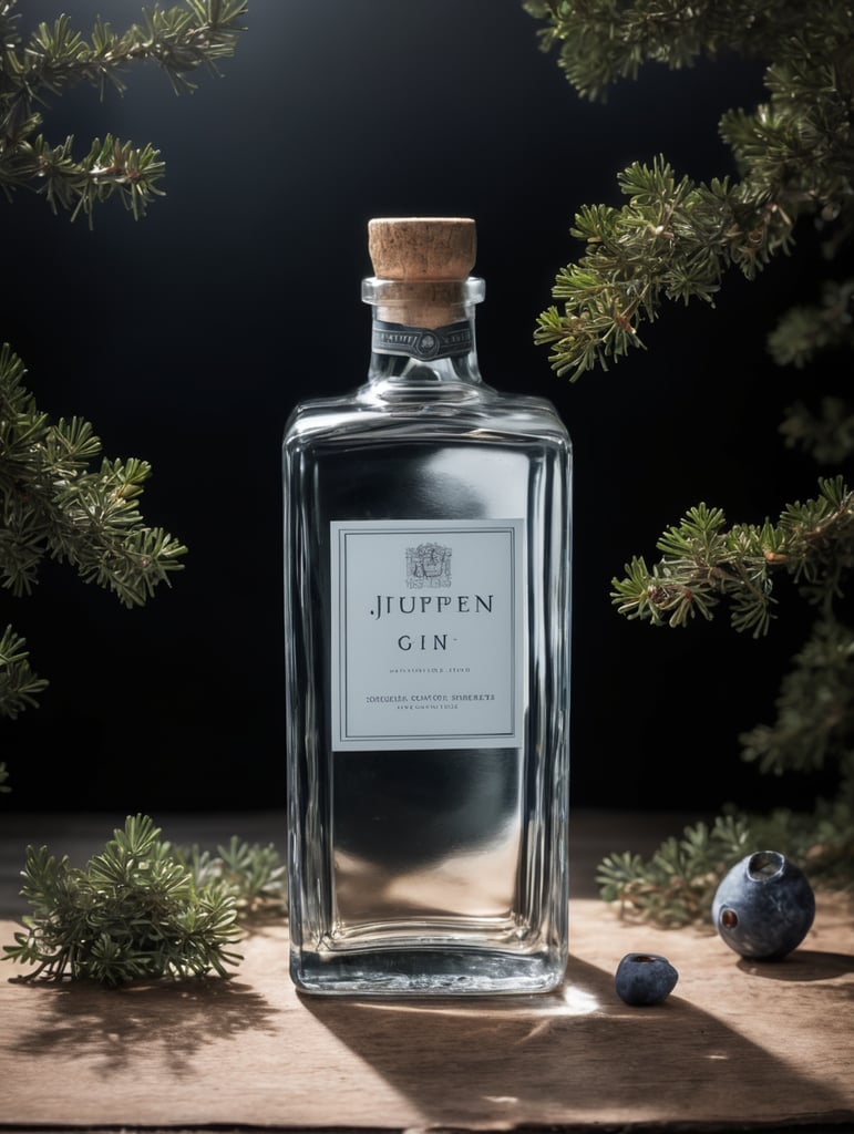 professional photography of a square gin bottle, square bottle, surrounding a juniper and juniper berries, one shot of gin in a front, no label, clear, mockup