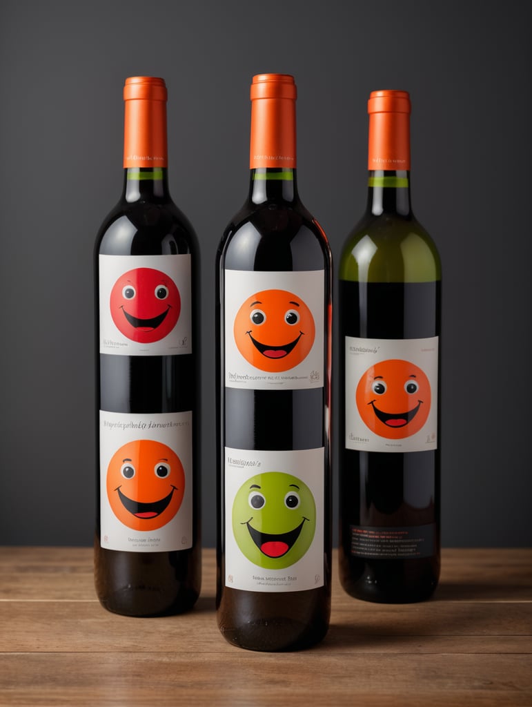 dos botellas de vino tinto con etiquetas ilustradas por un niño de kinder con caras felices y personajes de palitos con colores vibrantes, las botellas que sean de acrilico de color naranja y verde fosforescente. en set fotografico profesional minimalista con fondo gris obscuros