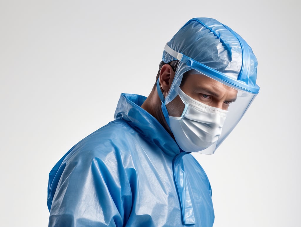 A realistic photo of a man wearing blue medical protective suit, disposable coveralls with breathable fabric, isolated, white background