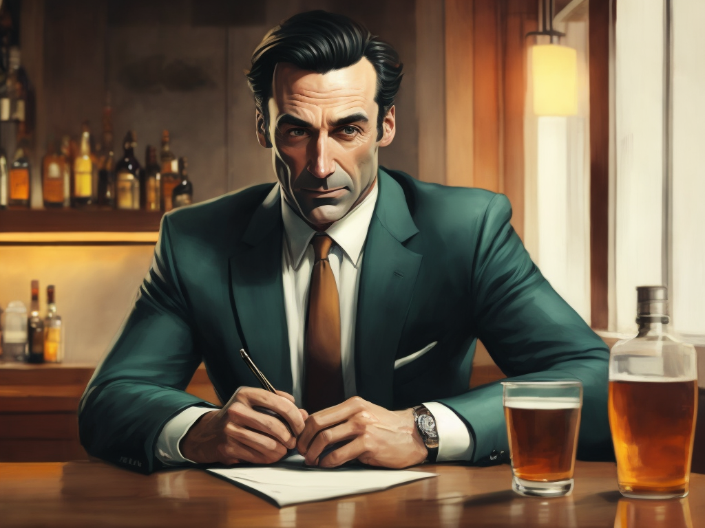 Jon Hamm as Don Draper down on his luck drinking scotch in a sleazy bar