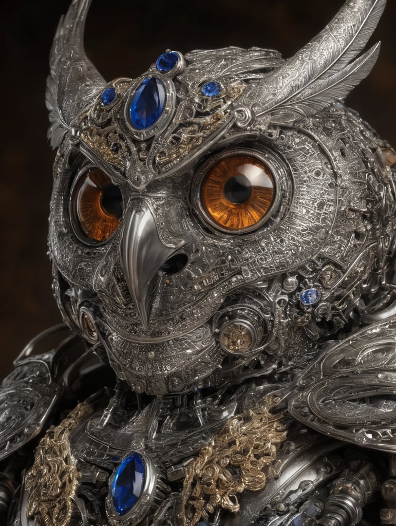 Generate a character concept for Bubo, a mechanical owl crafted by the hands of the gods. Character Appearance: Bubo is a magnificent mechanical owl with gleaming silver feathers that shimmer in the light. Its eyes are made of radiant sapphires, and its wingspan stretches wide, showcasing intricate, celestial engravings. Bubo's body is adorned with symbols of wisdom and knowledge, and it stands tall and proud on mechanical talons. Personality: Bubo possesses a deep well of wisdom, inherited from the gods who created it. It is an embodiment of intelligence, curiosity, and empathy. Bubo is fiercely loyal to its mission of guiding individuals and businesses through the complexities of decision-making. It approaches every challenge with a calm and analytical demeanor, always seeking the most empathetic and strategic solution.