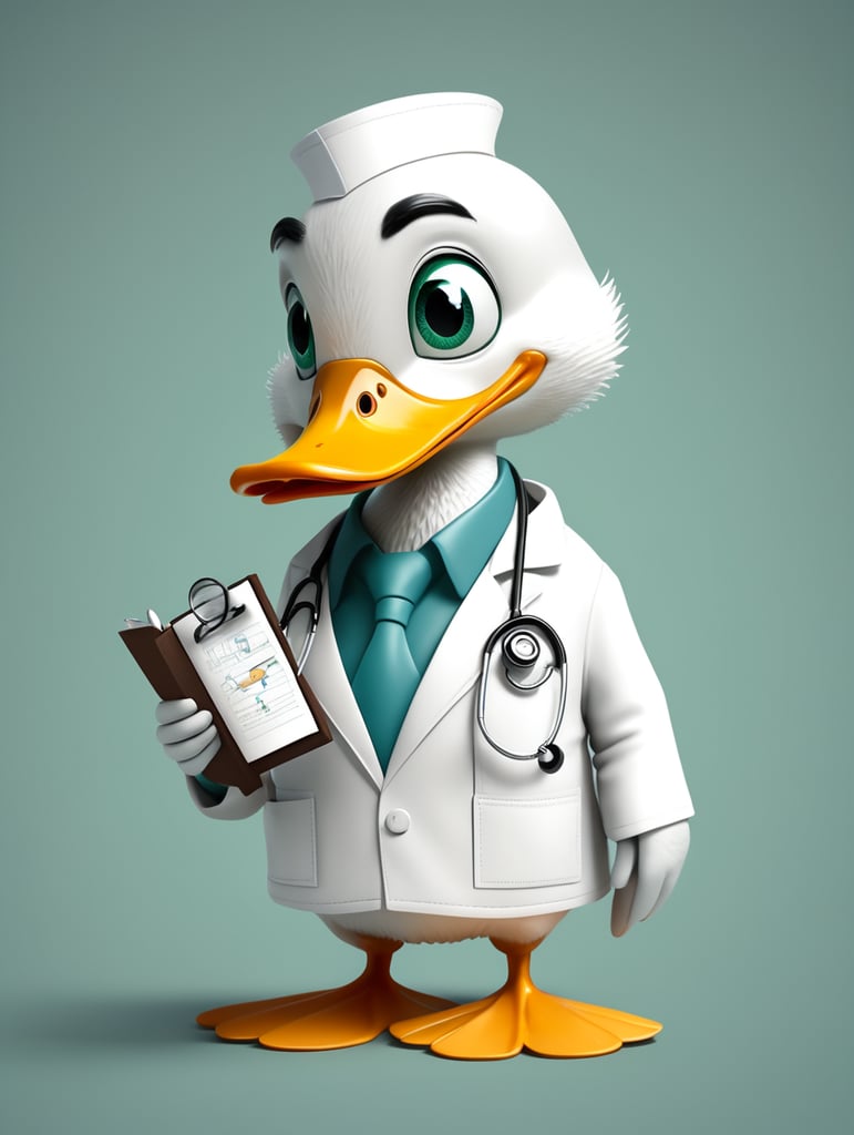 Generate a image of a duck being doctor, animated, solid background