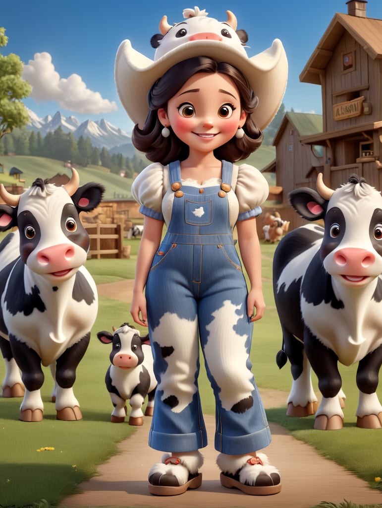 Draw a happy young woman wearing furry slippers on her feet that look like small holstein cows. The woman wears a large cowbow hat and denim overalls, and is standing in a barnyard with bears shown in the background.