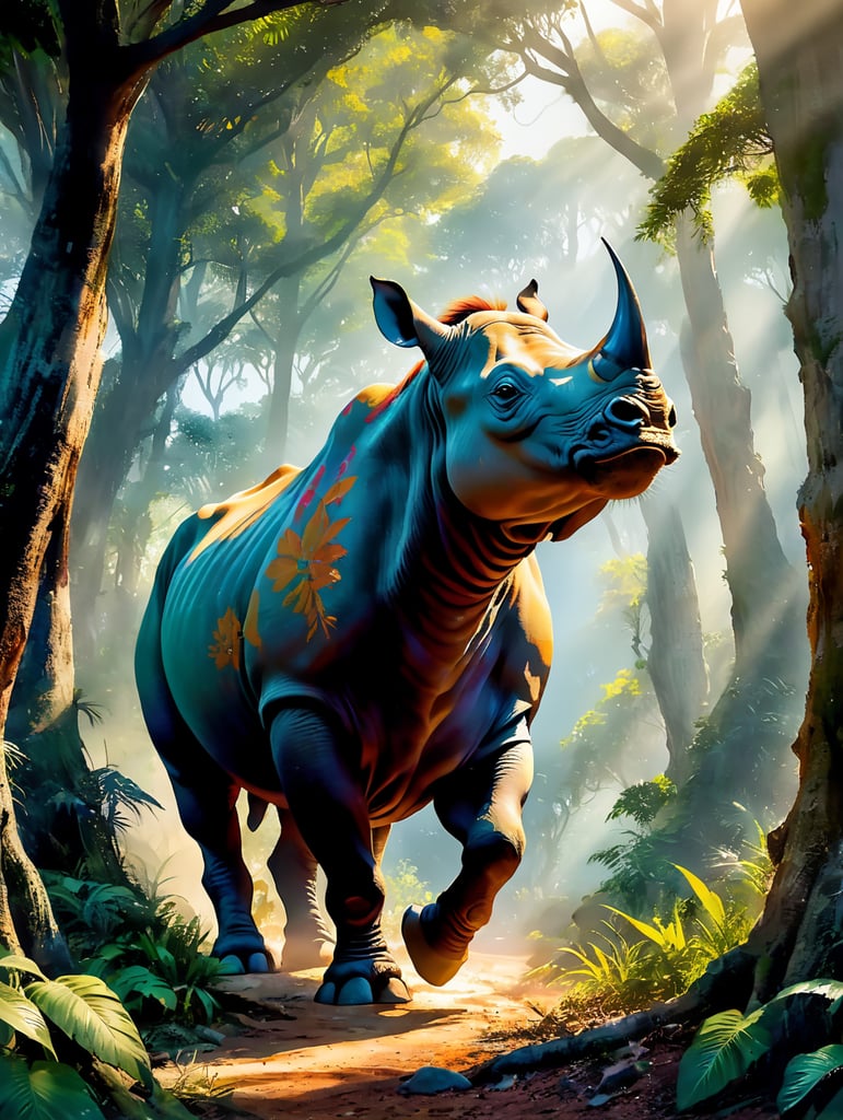 A breathtaking photograph captures the essence of the African jungle, as a magnificent rhinoceros emerges from the lush foliage. The vibrant green canopy overhead filters the golden sunlight, casting dappled shadows on the rhino's rugged, gray hide. Its powerful horn, resembling a gleaming spear, stands proudly atop its noble head. The rhino's eyes, deep and soulful, reflect a sense of wisdom and ancient knowledge, telling tales of survival and resilience. The jungle comes alive around the majestic creature, with colorful birds flitting through the air, their feathers a vibrant tapestry of reds, blues, and yellows. The scent of exotic flowers permeates the air, mingling with the earthy aroma of the jungle floor. This evocative image transports viewers deep into the heart of Africa, where the rhinoceros reigns as a symbol of strength and untamed beauty.