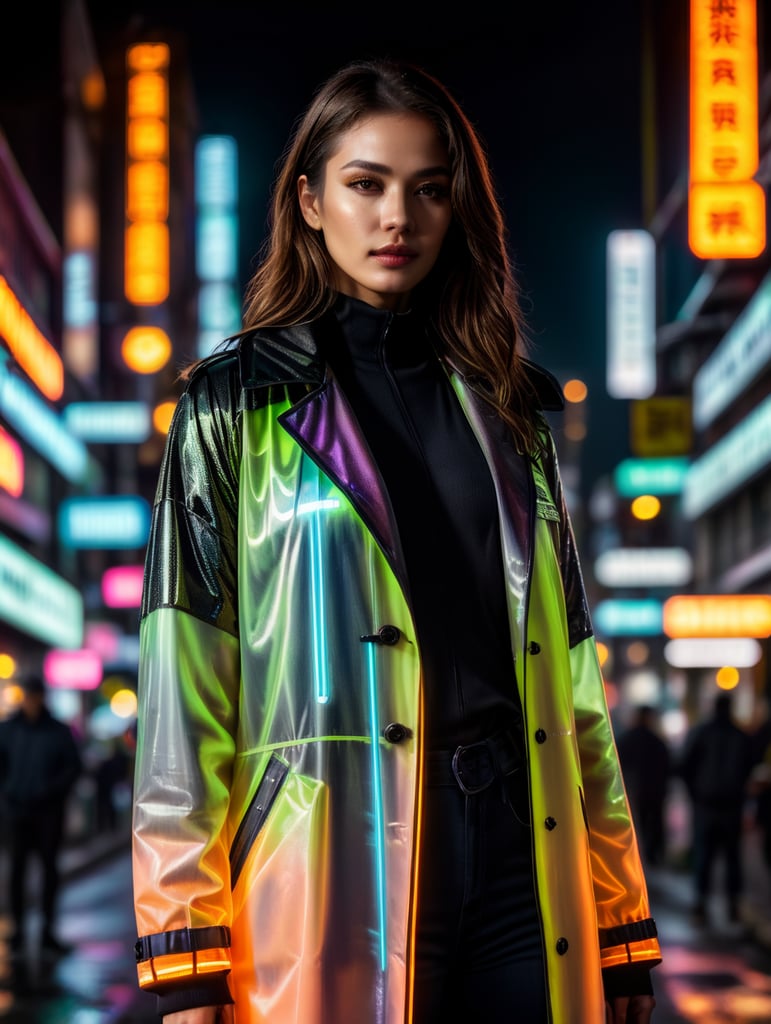 A women wearing translucent coat, standing on a street, neon cyber city, dark night, neon signs