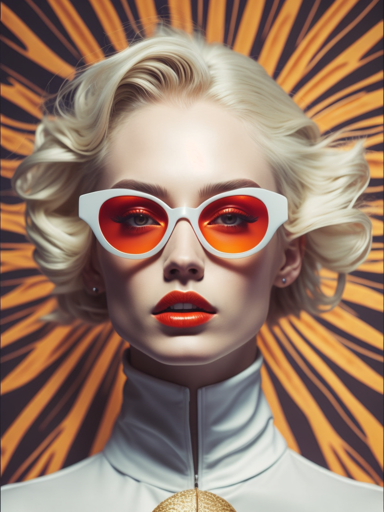 Pale-skinned girl model, wearing a high-necked dress, contrast lighting, white sunglasses with red-orange lenses, red lips, blonde hair in a bob style, dark background with orange-red rays, fashion model, magazine cover, professional shot,