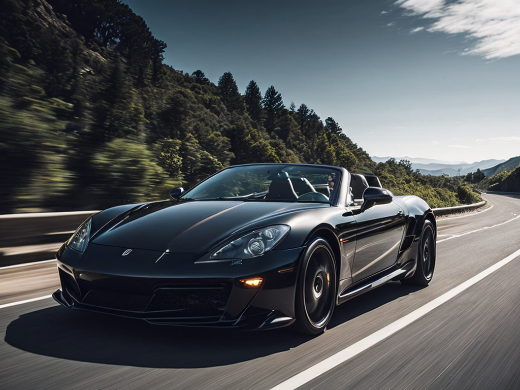 A luxurious sports car in a glossy black finish, speeding on an open road