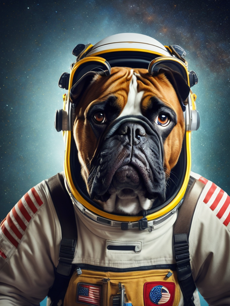 boxer dog wearing a space suit