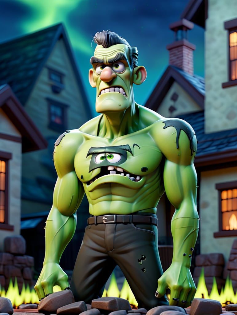 cartoon full body image of Boris Karloff as Frankenstein's Monster, Green Skin, muted color palette, atmospheric, creepy, intricate detail, reanimated corpse, scar tissue, decomposing, starring eyes, welcoming, bolts sticking out of sides of neck, gangrene, veins, mutilated, stitches across forehead, standing next to barbecue grill