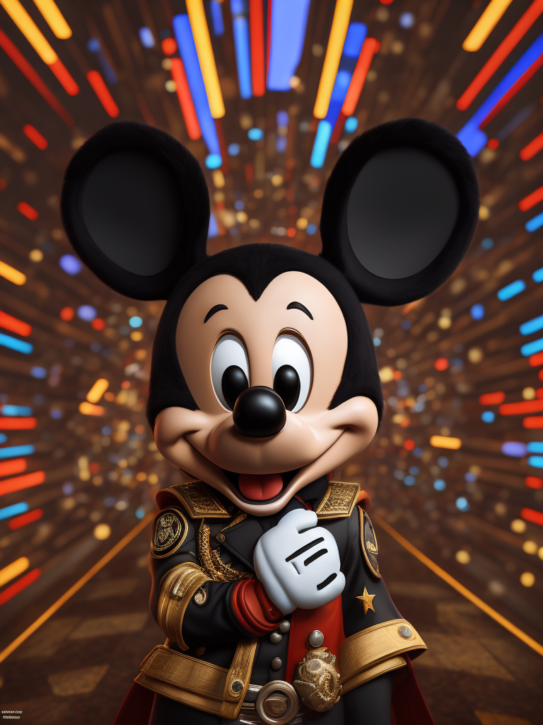 Portrait of Mickey Mouse is an American cartoon character in Nazi uniform and Hitler moustache. Dark psychedelic, trippy, extremely detailed vibrant, cinematic lights, hyper realistic, hyper detailed, Sony Alpha α7, photorealistic