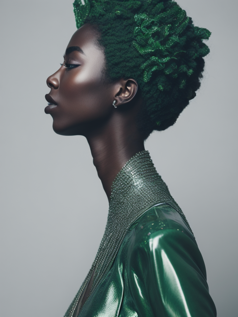 Resolute ebony woman model, gazing diagonally, adorned in extravagant and avant-garde attire, featuring plastic and latex elements, abstract forms, asymmetrical techno embellishments, dominant green hue, 4k resolution, medium frame, cinematic capture, reminiscent of Iris van Herpen aesthetics.