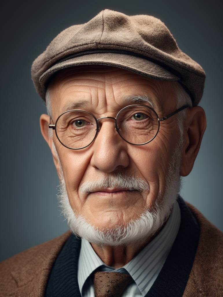 Close up studio photo of an old yet stylish grandpa, detailed, studio lighting, medium format
