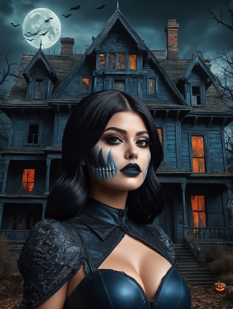 Kylie Jenner in a Halloween costume, scary makeup on her face, dark atmosphere, vintage style, blue and black colors, highly detailed photo, professional photo, against the backdrop of an old creepy house