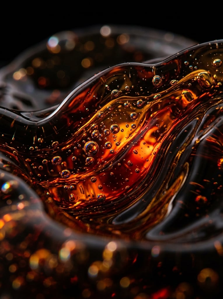 Abstract macro close-up of flowing viscous dark translucent liquid, thick organic waves, tiny suspended spherical bubbles exhibiting chromatic aberration, intense internal fiery orange and deep red glowing refractions, stark black background, ultra shallow depth of field with pronounced bokeh, highly glossy hyper-realistic fluid texture