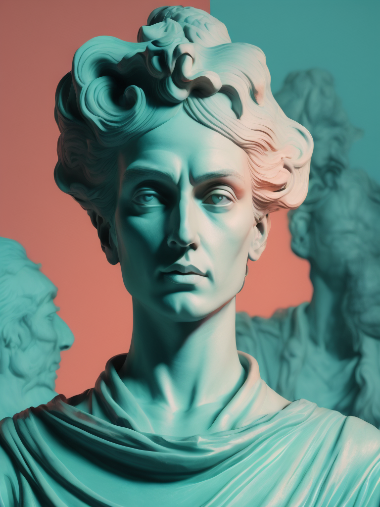 Human head on a pink colored background, in the style of dark cyan and light aquamarine, neoclassical sculptures, photo - realistic techniques, light cyan and orange, fluid photography, photo - realistic hyperbole, neoclassical figures, live eyes