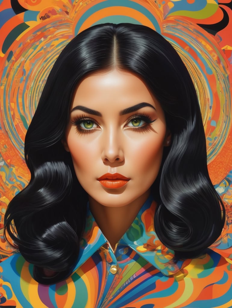 environment map, abstract 1998 air hostess poster, portrait of thick shiny black wavy hair, dramatic makeup , intricate stunning highly detailed, abstract, kaleidoscopic, trippy, 60s style, op art, bright colors, swirling patterns, hypnotic, art by Victor Moscoso and Bridget Riley by sachin teng x supreme