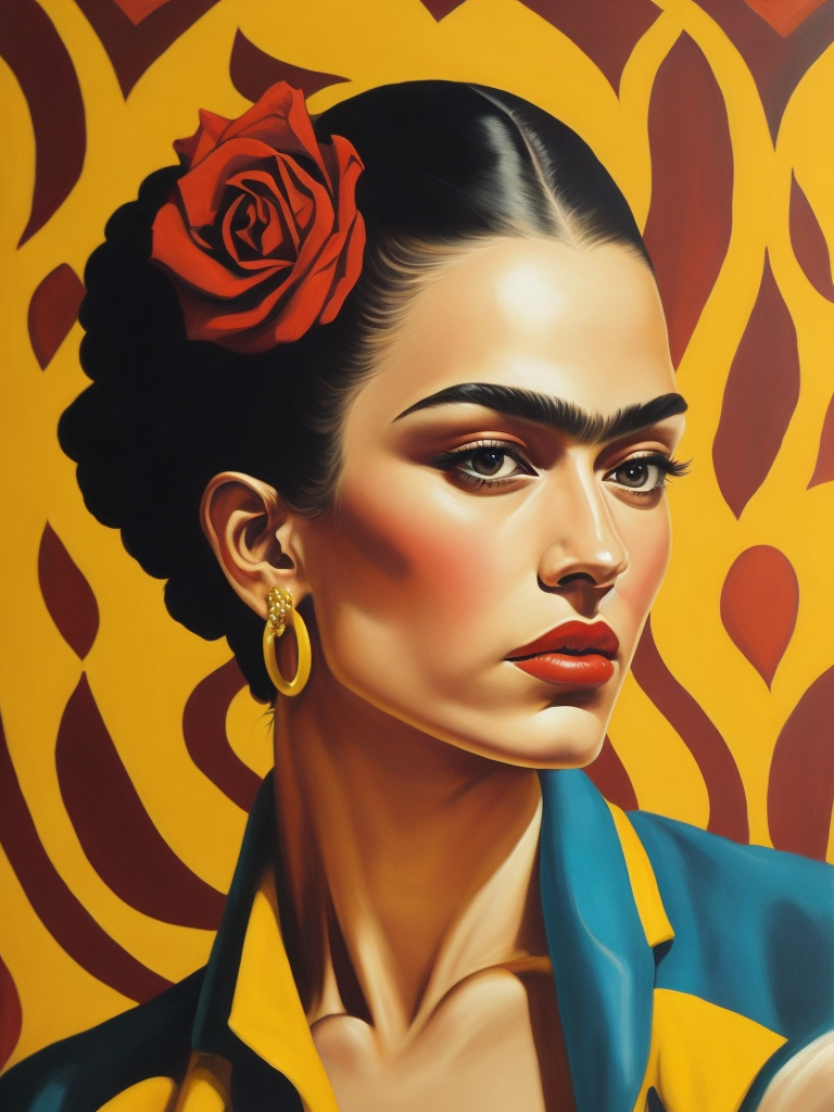 Bold color, vibrant spirit, Frida Kahlo, Tamara de Lempicka, surreal elements, strong features, Mexican and Art Deco influence, radiant energy, acrylics.