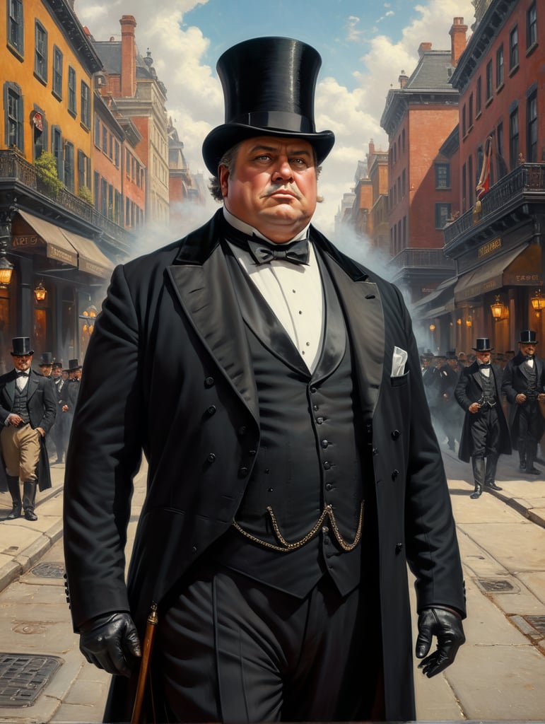 Portrait of a very rich obnoxious and polished fat businessman, wearing a black tailcoat and a black top hat, looking up with an arrogant look, standing in the middle of the street, early 19th century, style by Gil Elvgren