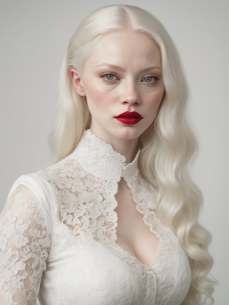 extremely realistic image of an albino woman, extremely white skin and hair, white lace clothes, (red lips), light grey eyes, ultra sharp focus, white background, studio photography by MSchiffer