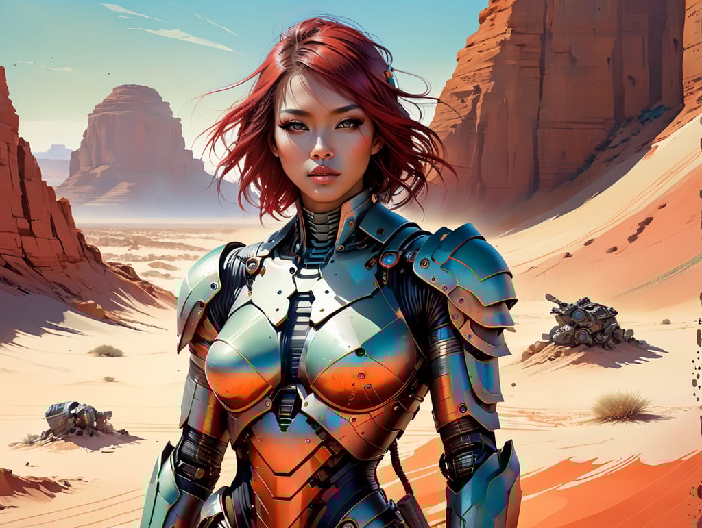 a half-woman and half-robot character wears a very worn light-armor in a desert where the sand colored crimson and velvet