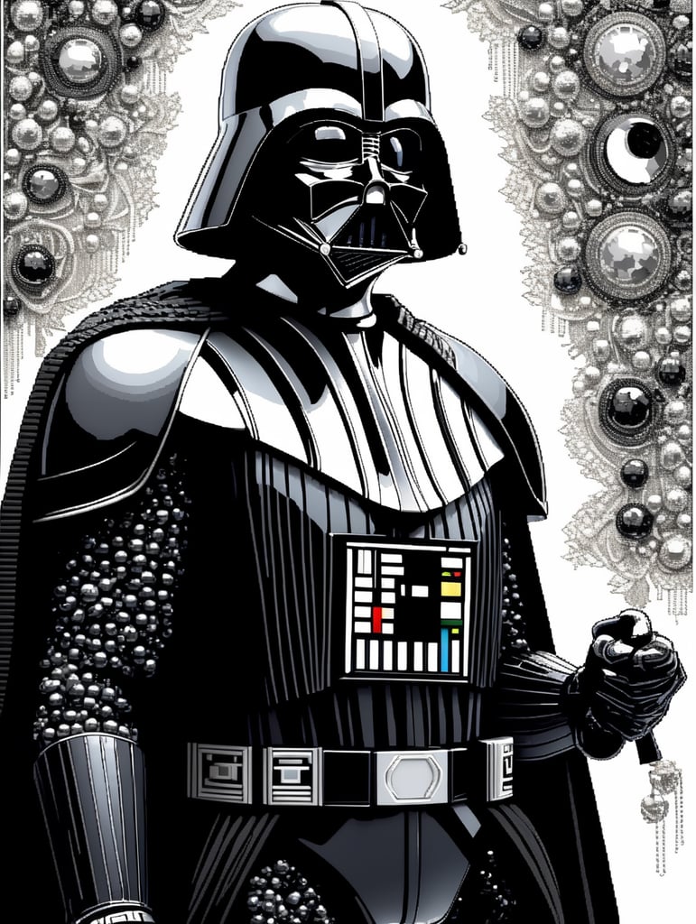 cross stitch pattern with Darth Vader in the style of fujifilm natura 1600, white and black, expressive comic panels, made of beads and yarn, craftcore, skillful, free brushwork