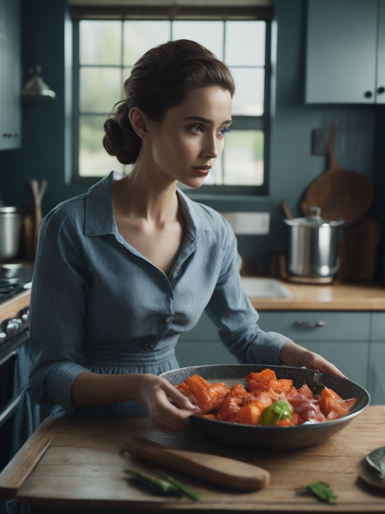 A young beautiful 1950s housewife cooking in kitchen anatomically correct. perfect fingers on hand, extremely detail in kitchen. perfect composition and lighting. sharp focus. high - contrast surrealistic photorealism.
