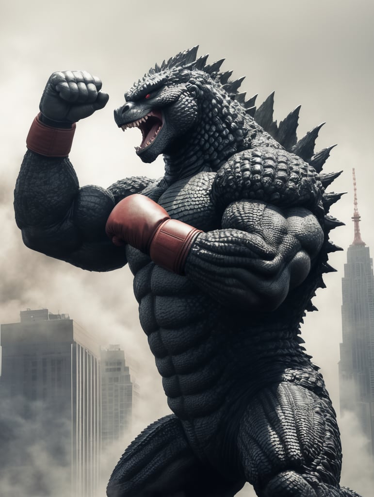 Godzilla in a boxing match flexing his muscles after winning a boxing match