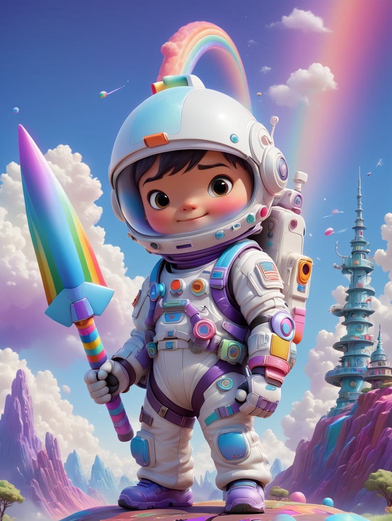 Highly detailed portrait of a cute little astronaut. he has a bright and cheerful color scheme, featuring a mix of pastel blues, pinks, and purples, standing with his arms folded holding a toy sword, surrounded by a swirl of energy. the background is a colorful cartoon landscape, with fluffy clouds and a rainbow. the background is a stark, metallic landscape, with a futuristic cityscape visible in the distance. by atey ghailan, by eduard hopper, by greg tocchini, by james gilleard, grunge aesthetic graffiti