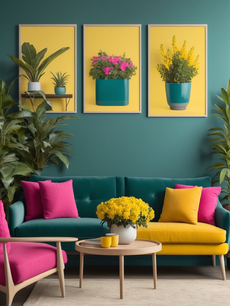 Mockup for two frames of 24x36 in. posters, hanging on a wall painted dark teal color, in a french modern country style livingroom, hot pink sofa and yellow pillows, many plants and flowers, bright livingroom