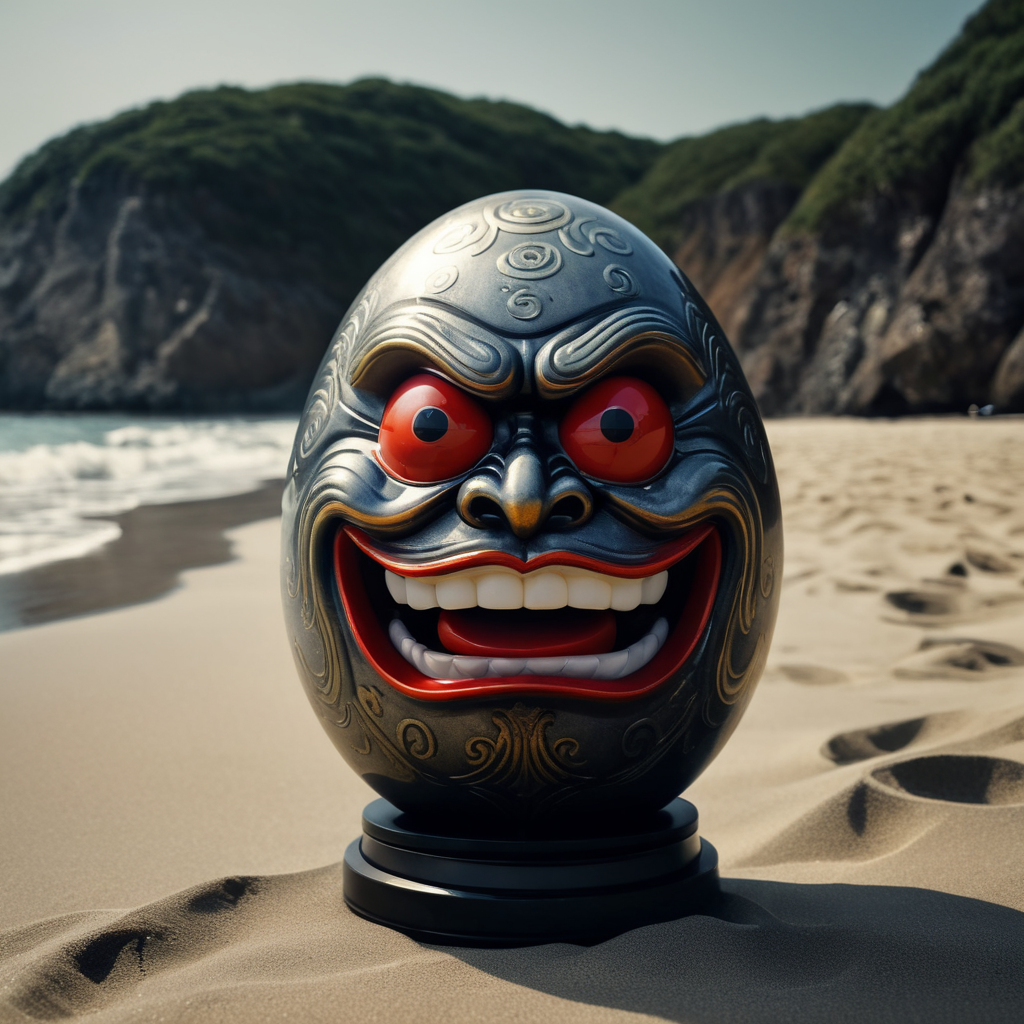 Japanese happy daruma figure as an egg. Situated on a beach close to the sea. only one eye is painted