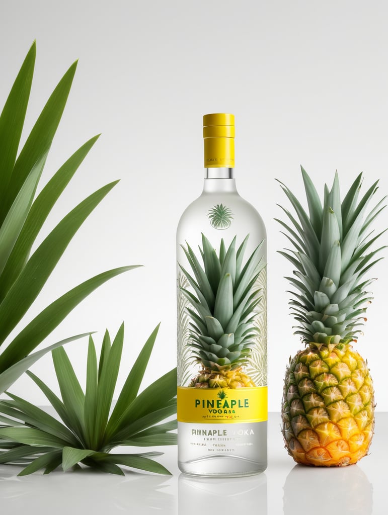 Packaging and branding for a pineapple vodka brand as if it had been designed by HI ESTUDIO with In a set design with pineapple, pineapple leaves.