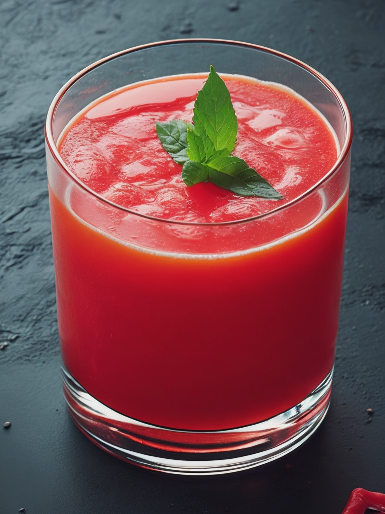 a glass of juice with green leaves on top